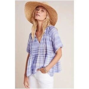 ✨Anthropologie Pilcro Casual Blouse Bette Plaid Babydoll Sz L Blouse Lavender ✨